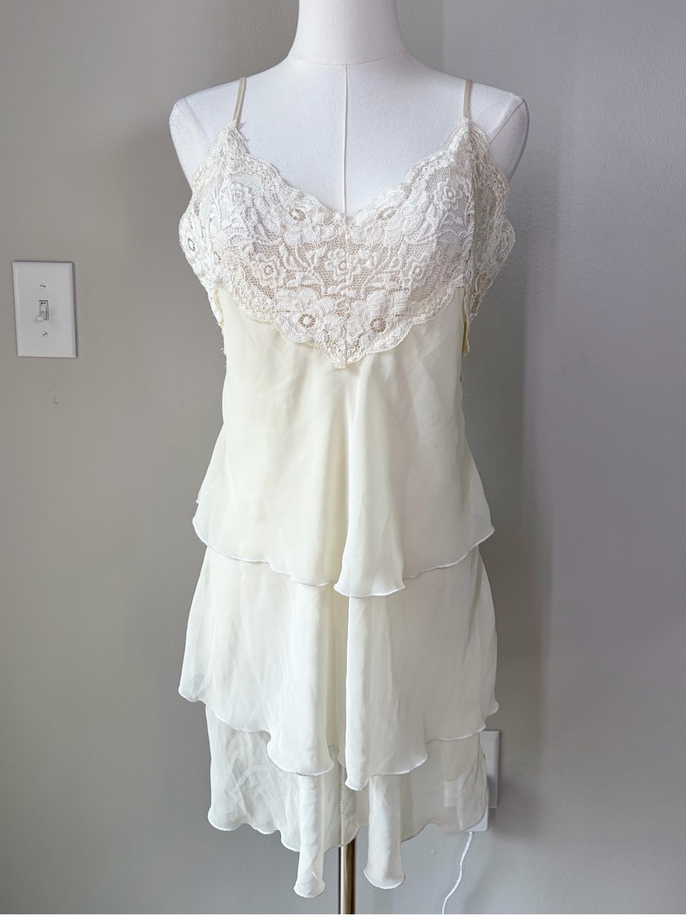 Mar Lin Chiffon Layered Lace Ivory Cream Slip Dress Delicate Romantic Flirty